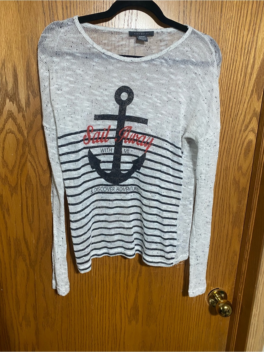 Striped Anchor Knit Sheer Top with Sail Away Graphic - White & Navy blue